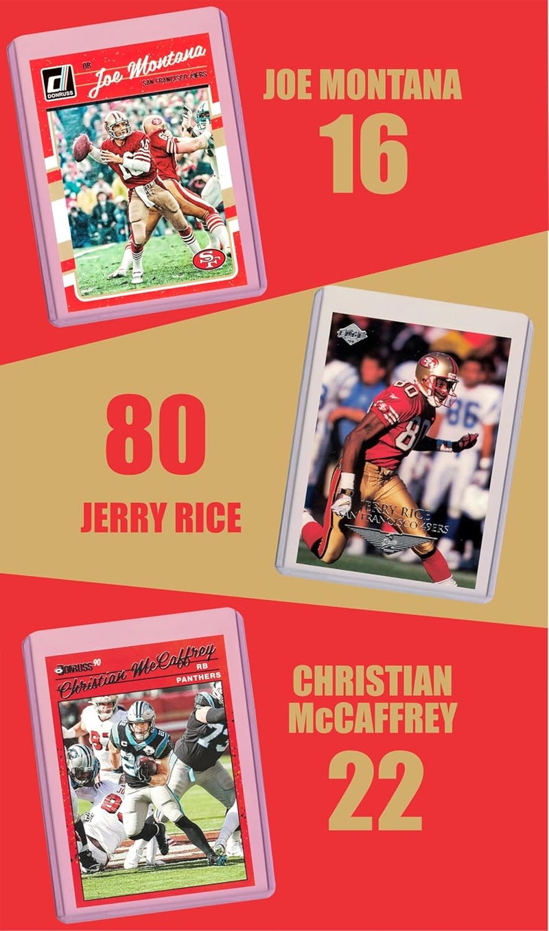 Chaser San Francisco 49ers Cards: Brock Purdy, Christian McCaffrey, Ricky Pearsall, George Kittle, Brandon Aiyuk, Nick Bosa, Steve Young, Joe Montana, Jerry Rice, Trent Williams ASSORTED Football Stars & GOATs Trading Card & Wristbands Gift Pack - Image 2